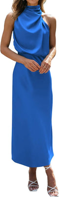 Sleeveless Mock Neck Satin Maxi Dress - Flattering High Waist Fit