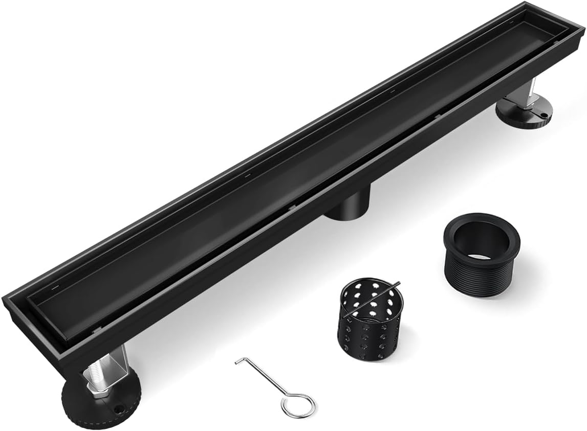 28 Inch Black Linear Shower Drain with Removable Tile Insert Grate