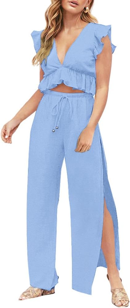 FANCYINN Womens 2 Pieces Outfits Deep V Neck Crop Top Set