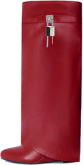 Wide-calf Fold Over Knee High Boots - Wedge Heel Padlock Style