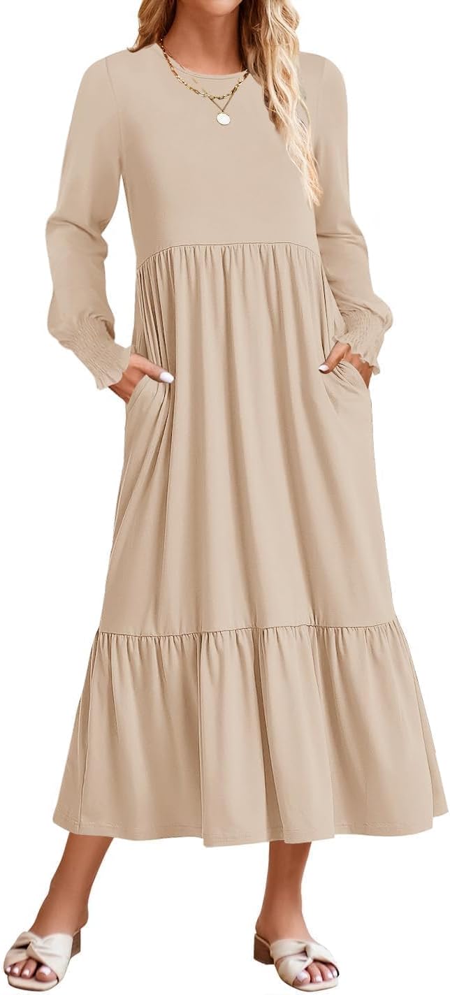 ZESICA Women's Fall Long Sleeve Casual Midi Dress with Pockets