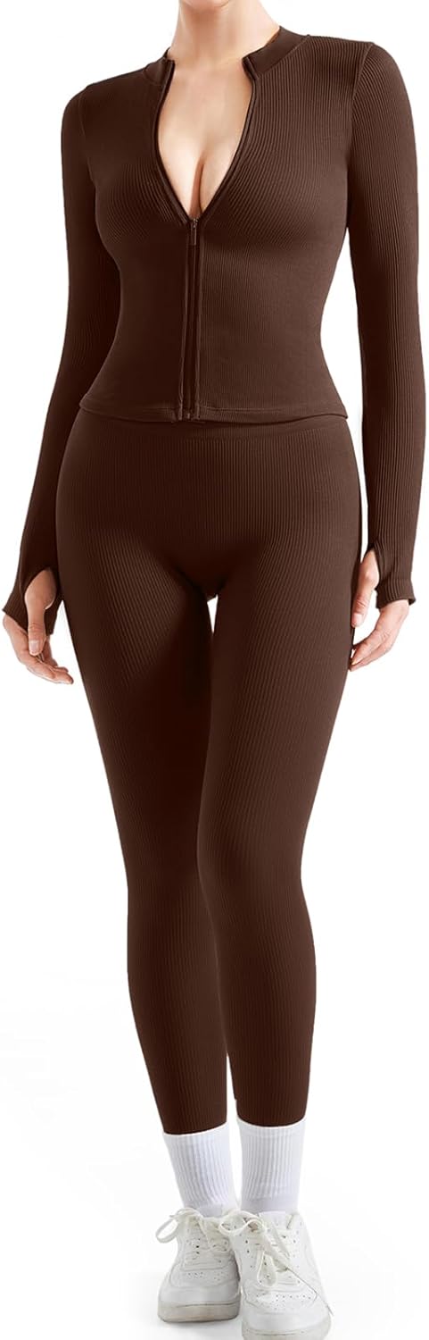 SUUKSESS Women 2 Piece Seamless Ribbed Workout Sets for Fitness