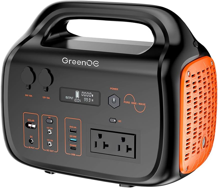 GREENOE Portable Power Station: 600W Pure Sine Wave AC - Camping Solar Generator