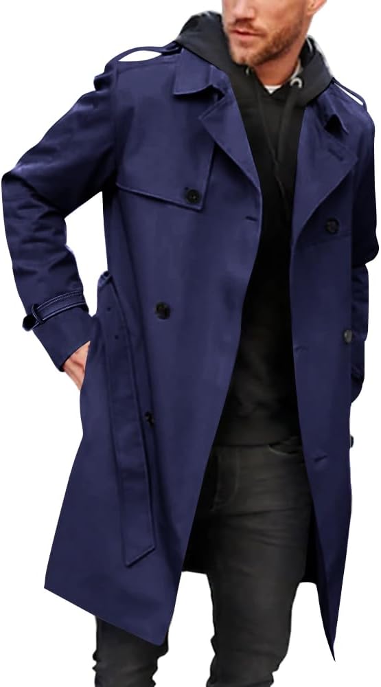 Gafeng Men's Trench Coat Slim Fit Double Breasted Windbreaker