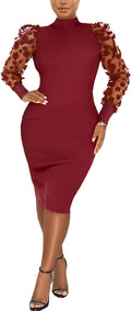 Elegant Mock Neck Sheer Mesh Bodycon Midi Dress - Flattering Fit