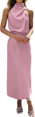 Sleeveless Mock Neck Maxi Dress for Women - High Waist Satin Fit