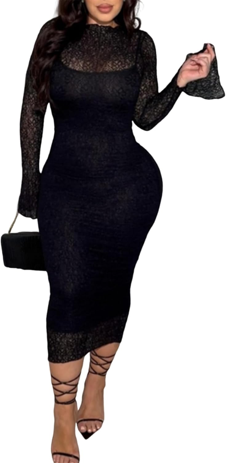 Uni Clau Womens Sexy Lace Dresses 2 Piece Bodycon Midi Set