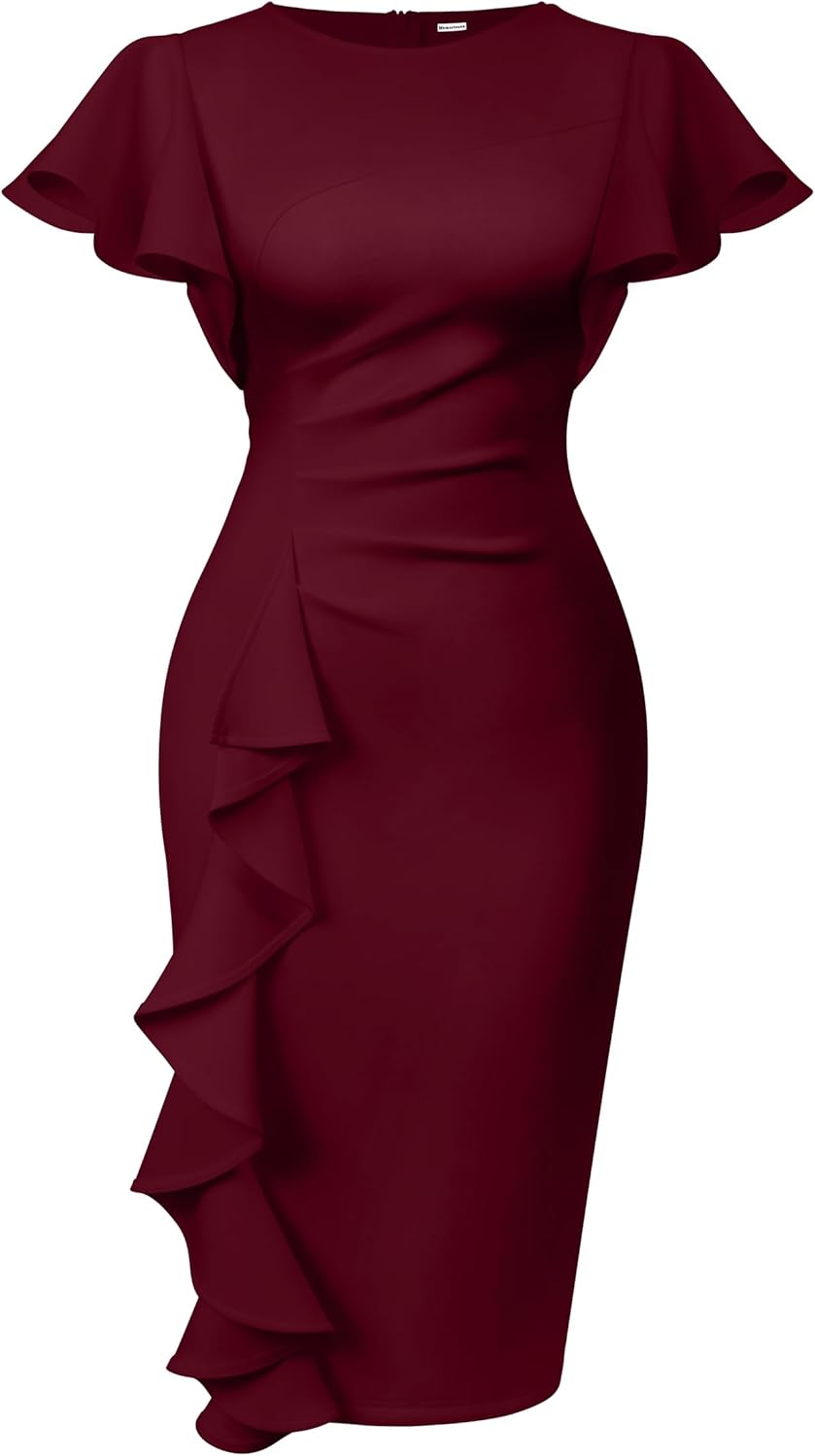 Memoriesea Women's Vintage Church Ruffle Sleeve Midi Dress