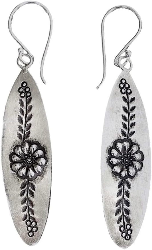 Sterling Silver Long Plate Flower Earrings for Boho Style Lovers
