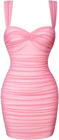 Women's Summer Sexy Bodycon Sleeveless Mesh Ruched Mini Party Dress