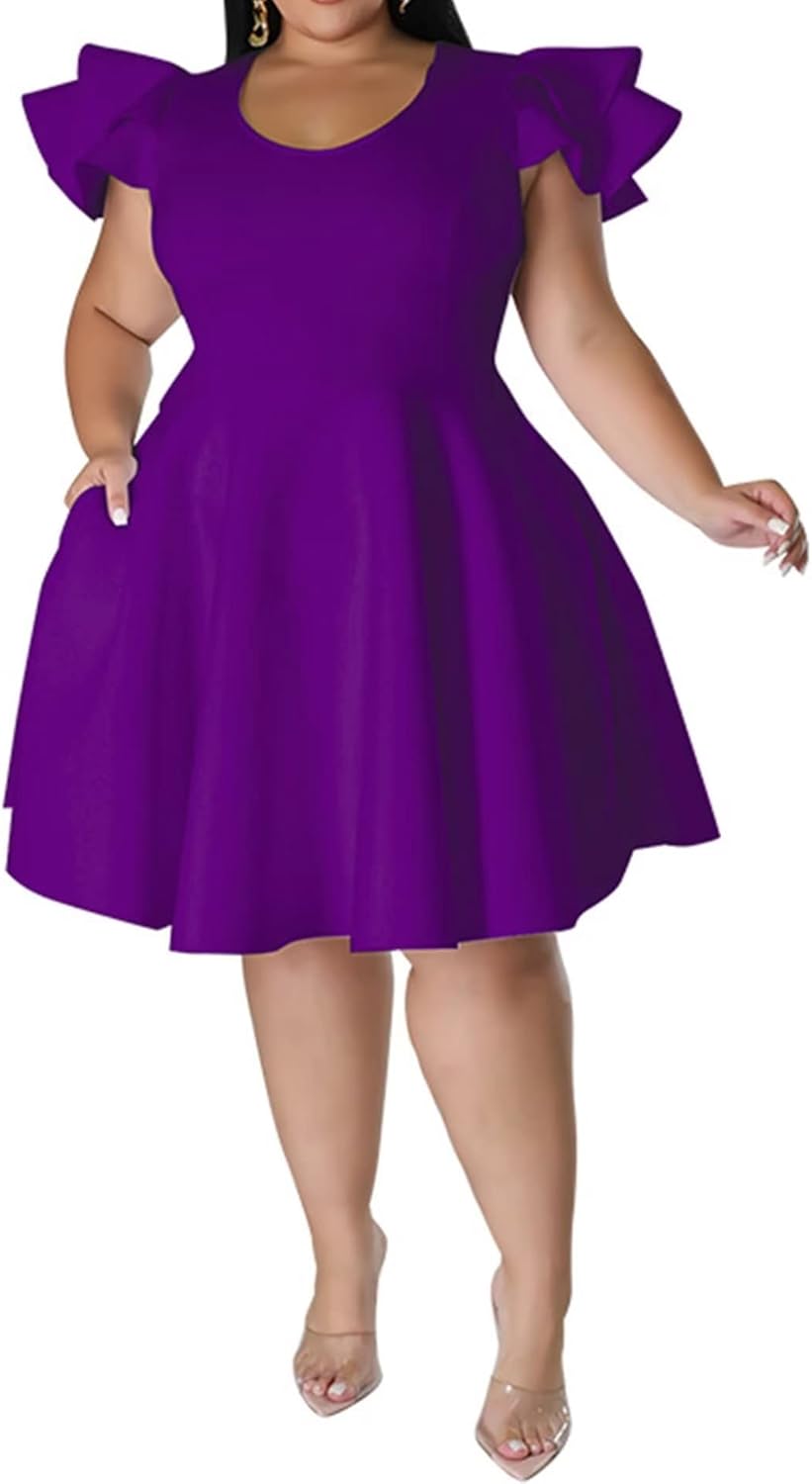 IyMoo Women's Plus Size Cape Flutter Sleeve A Line Dress