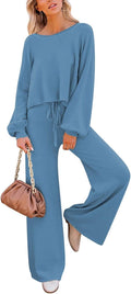 Pink Queen Womens 2 Piece Lounge Sweatsuit - Crop Knit Top & Wide Leg