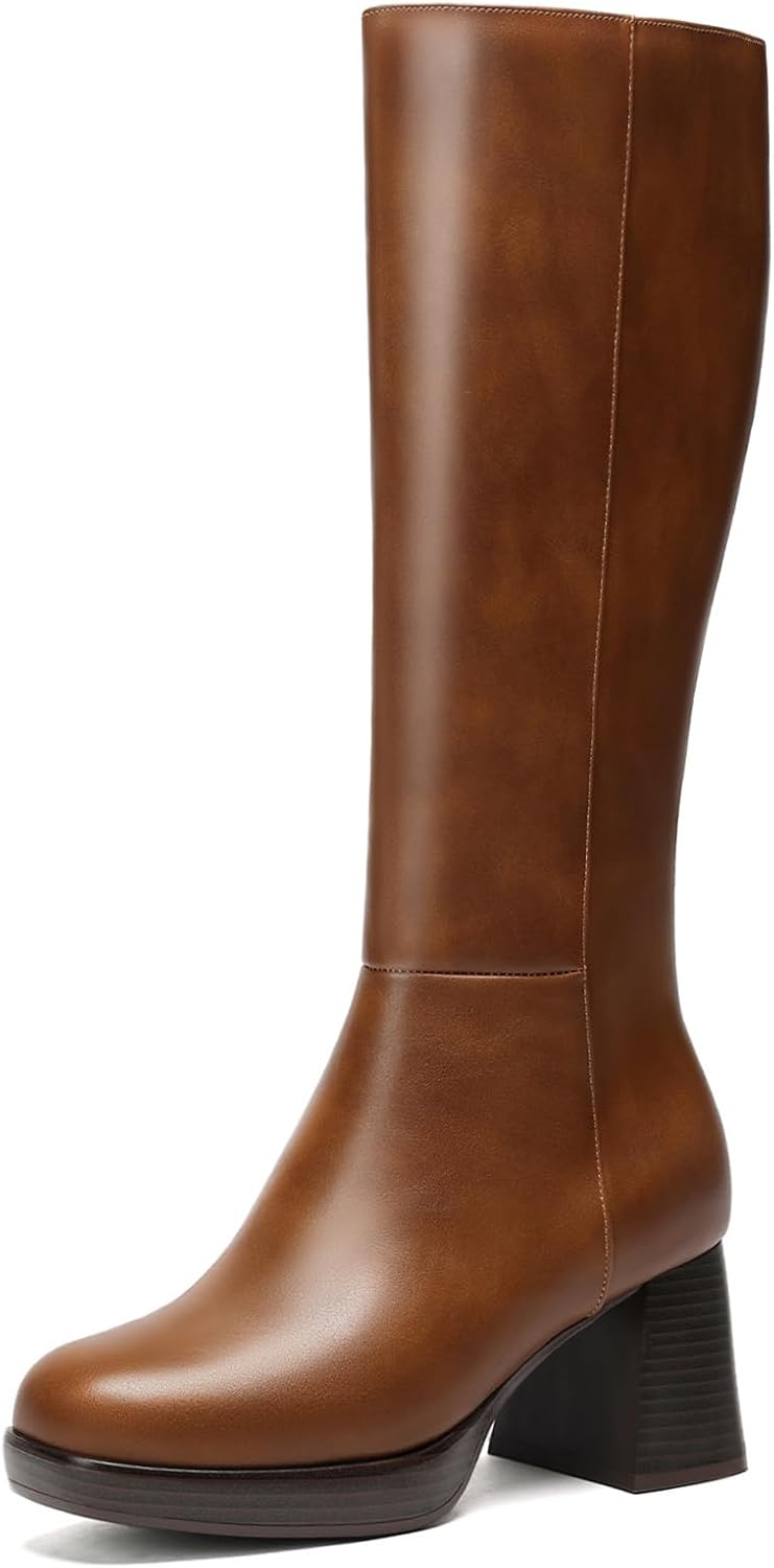 Wide Calf Platform Boots for Women with Chunky Block Heels