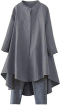Cotton Linen Shirt for Women - High Low Embroidered Button Down