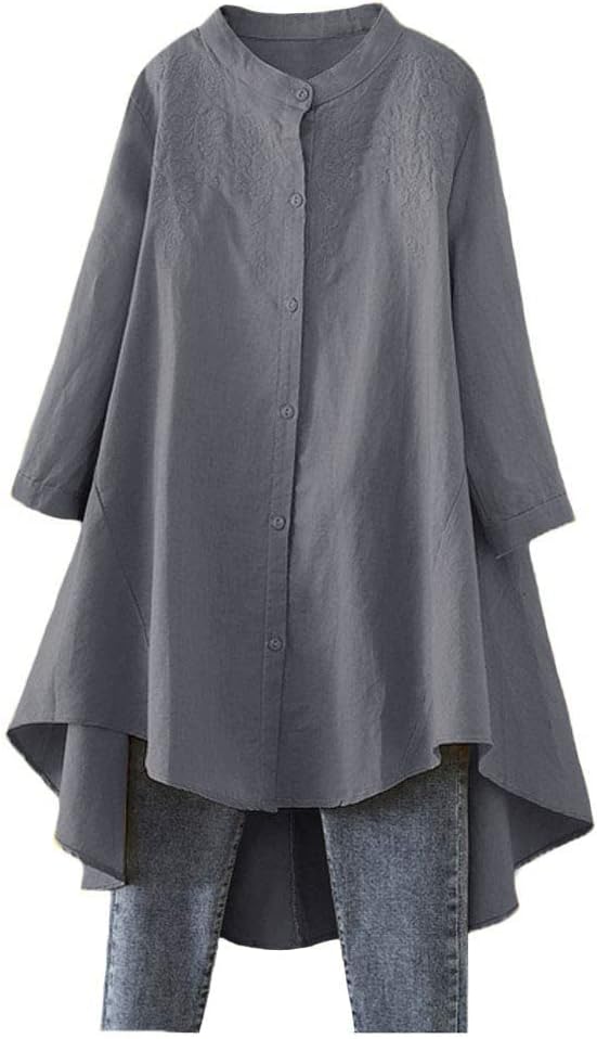 Minibee Women's Cotton Linen Shirt High Low Embroidered Blouse