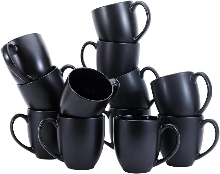 Basics Matte Black Ceramic Coffee Mugs Set, 16 oz, Microwave-Safe