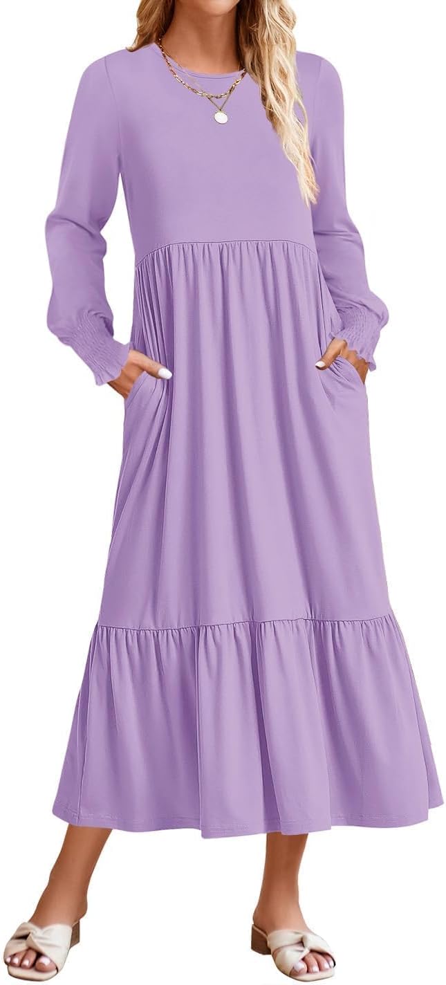 ZESICA Women's Fall Long Sleeve Casual Midi Dress with Pockets