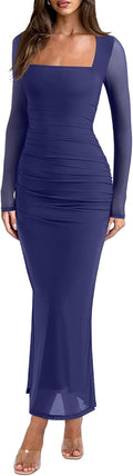 REORIA Long Sleeve Wedding Guest Maxi Dress - Flattering Sheer Mesh