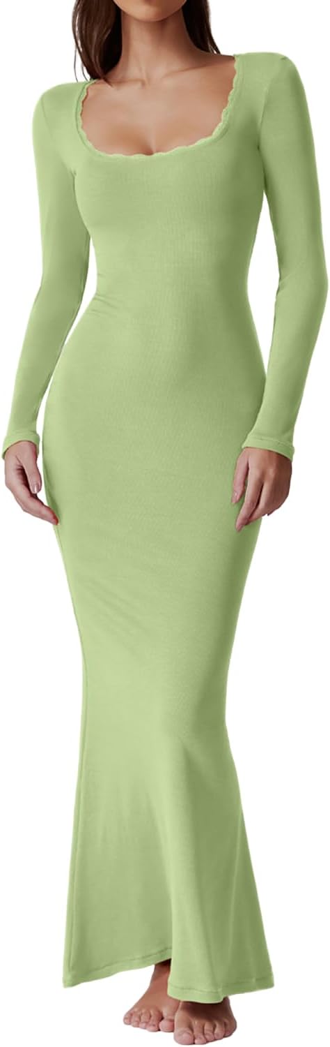 QINSEN Women's Ribbed Knit Long Sleeve Maxi Dress with Lace