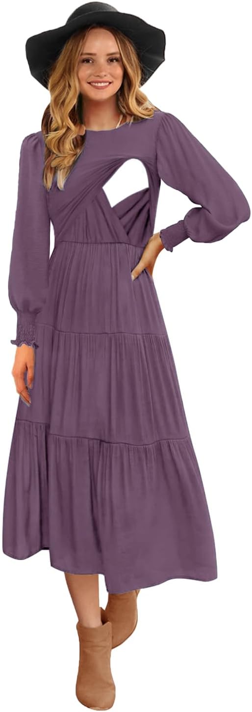 Womens Flutter Long Sleeve Smocked Tiered Nursing Dress Review