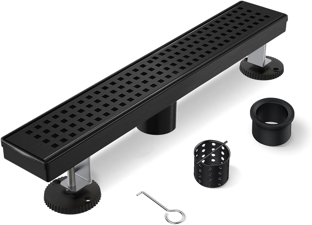 12 Inch Black Linear Shower Drain with Removable Grate Cover