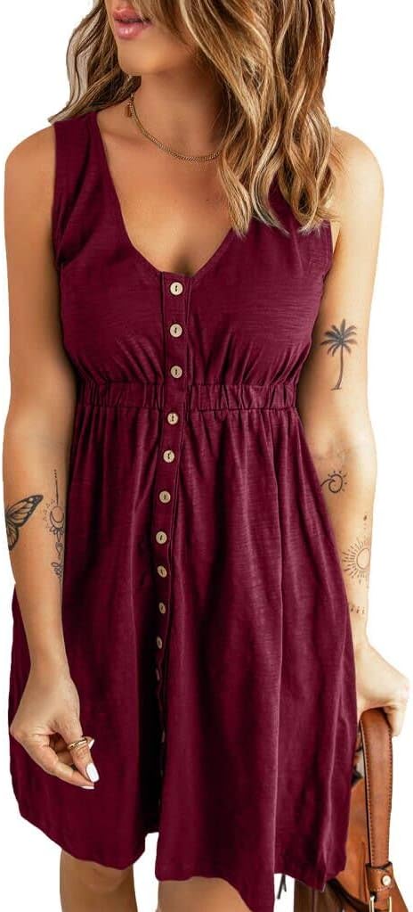 Acelitt Women Summer Casual Sleeveless Button Down Dresses