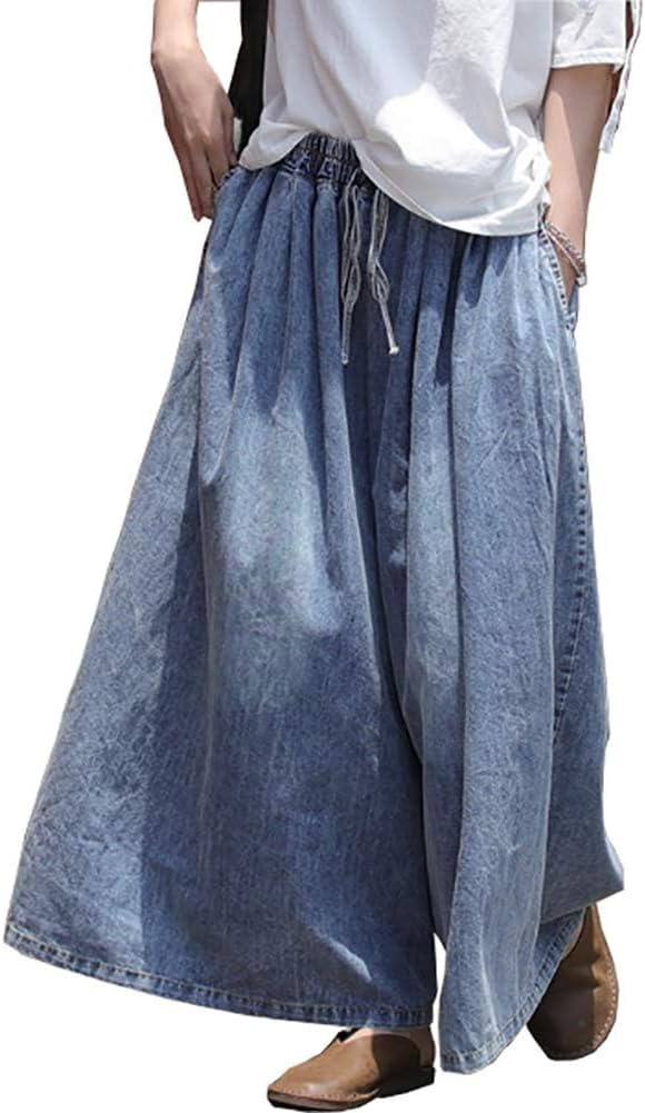 Extra Wide Leg Denim Pants for Women with Elastic Waist