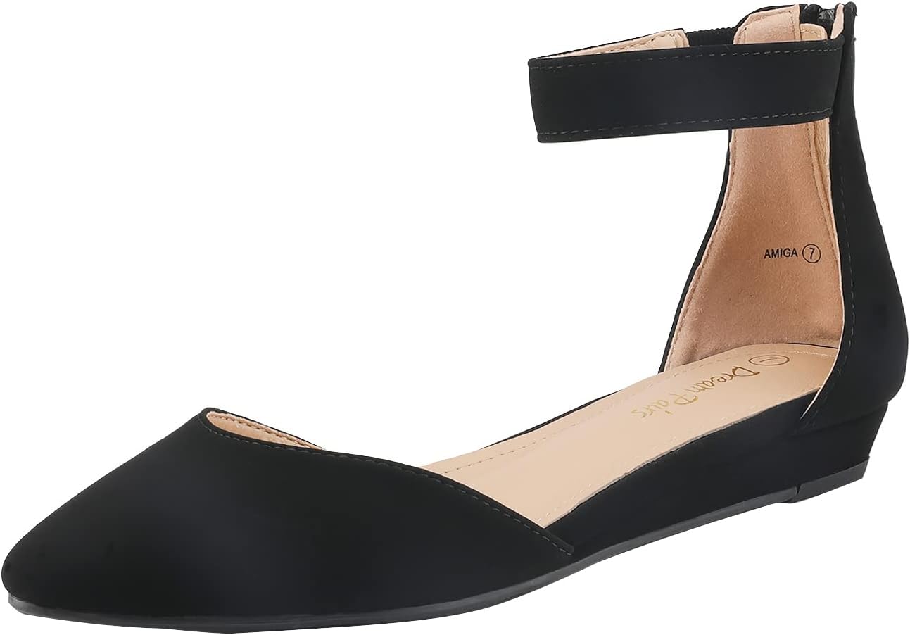 DREAM PAIRS Women's Low Wedge Round Toe Ankle Strap Flats