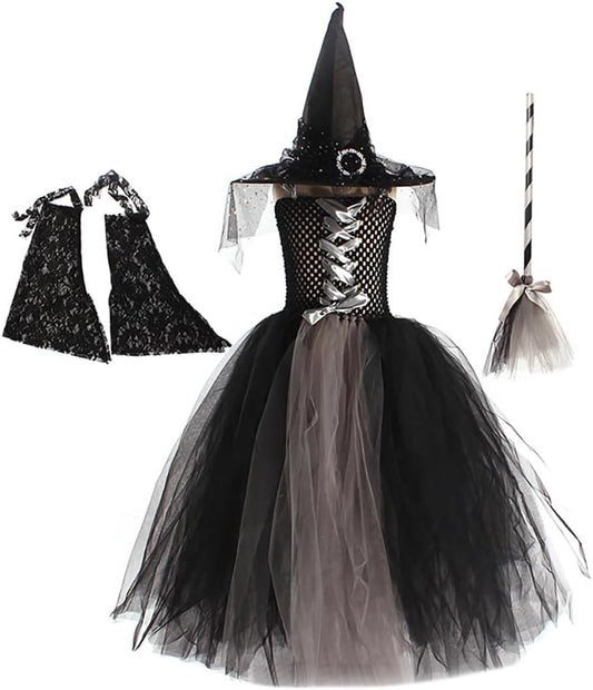 IBAKOM Girls' Witch Dress with Bat Sleeves and Broomstick