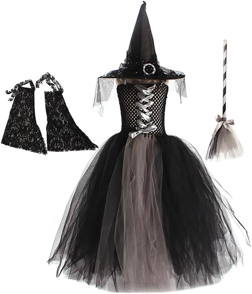IBAKOM Girls' Witch Dress with Bat Sleeves and Broomstick