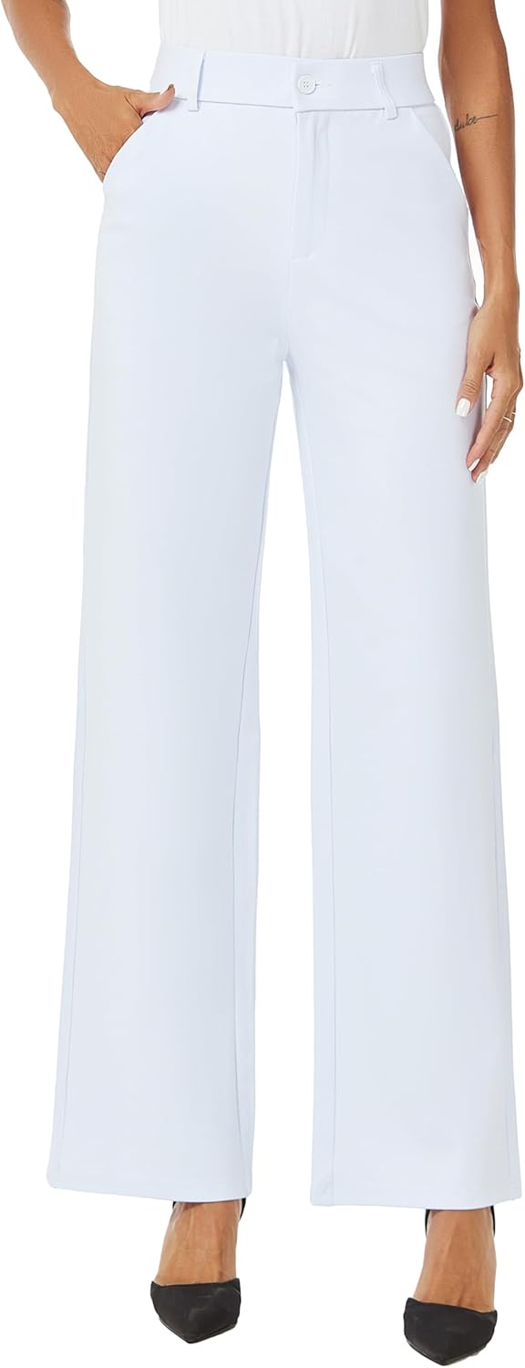 Womens High Waist Wide Straight Leg Trousers with Pockets