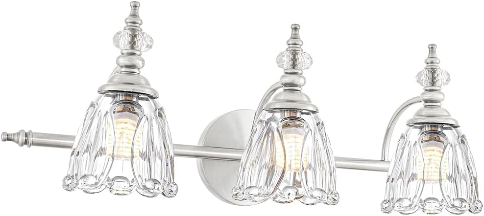Brushed Nickel Vanity Light with Flower Glass Shade for Bathroom