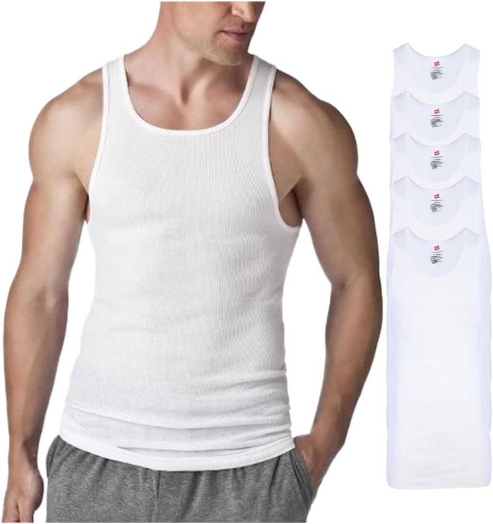 Hanes Mens Tall 100% Cotton Ribbed Tank Undershirts Multipack