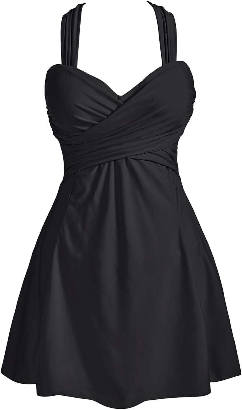 Elegant Crossover One Piece Swimdress for Women - Floral Design