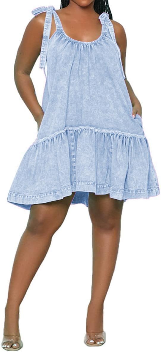 Women Denim Cami Dress with Tie Shoulder and Ruffle Hem