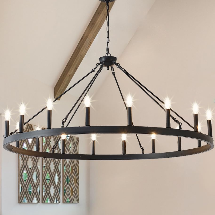 53 Inch Large Black Wagon Wheel Chandelier for High Ceilings
