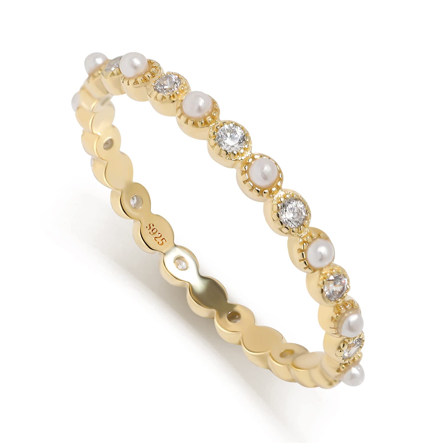 Stackable Ring for Women Minimalist Tiny Pearl Silver Dainty