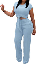 Women 2 Piece Tie Front Crop Top and Wide Leg Pants Set - Casual