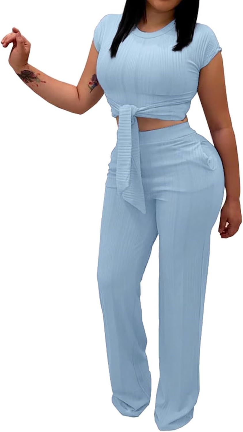 Blue Sexy Two Piece Outfits for Women - Crop Top & Pants Set