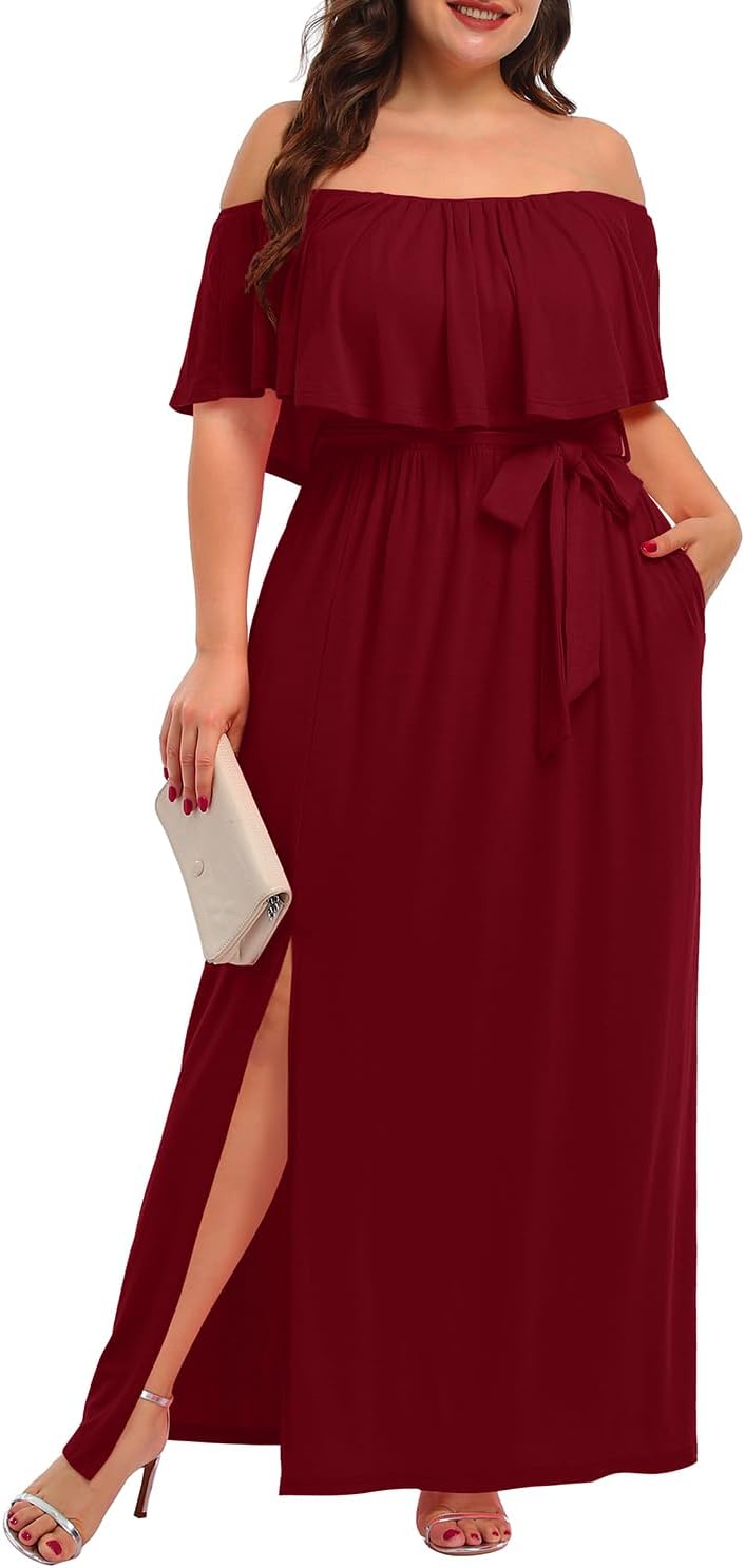 Plus Size Off The Shoulder Maxi Dress with Pockets for Women