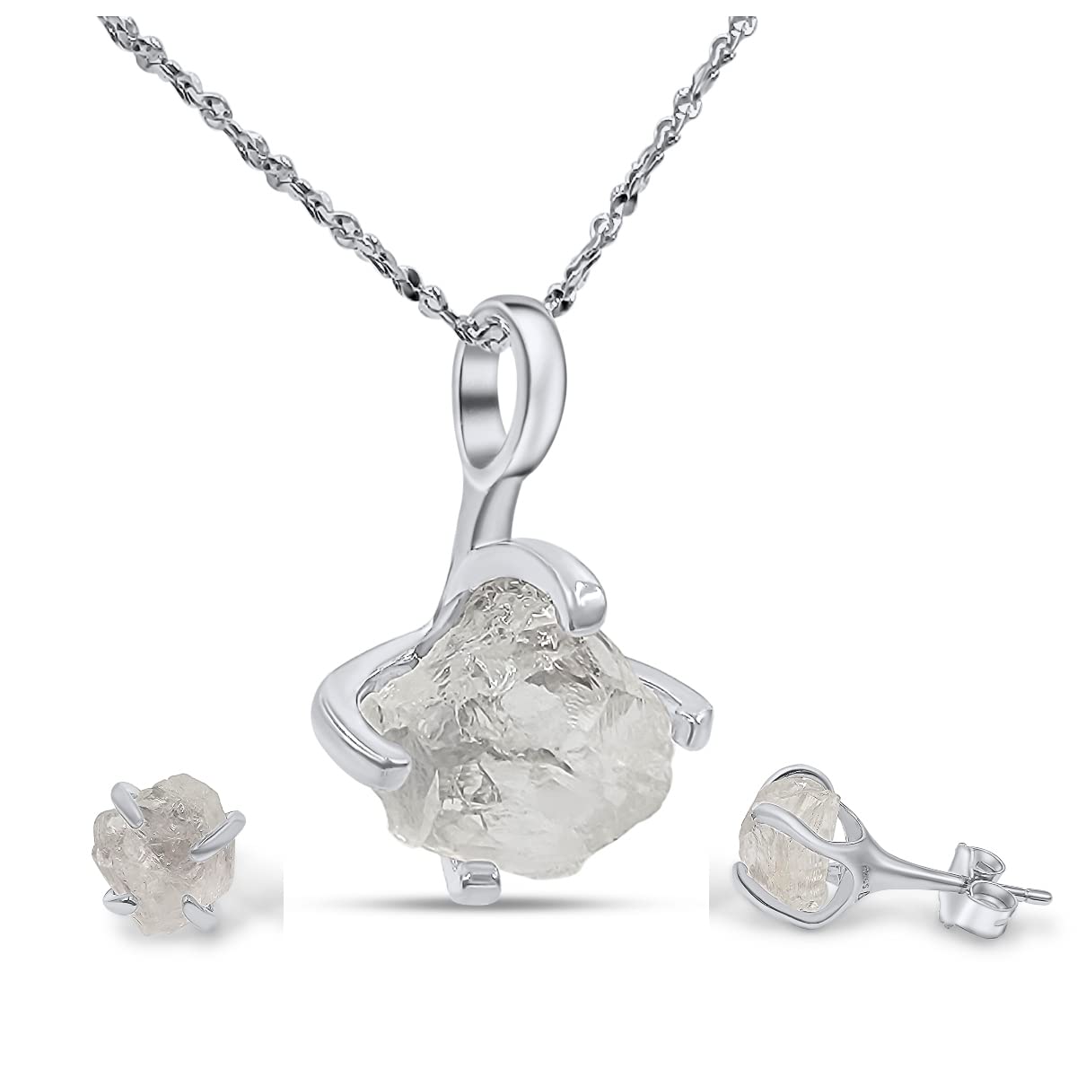 Real Raw Clear Quartz Jewelry Set with Sterling Silver Gift