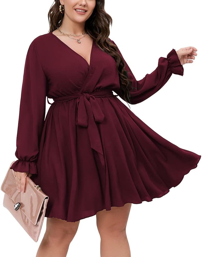 SCOMCHIC Women's Plus Size Long Sleeve Wrap V Neck Mini Dress