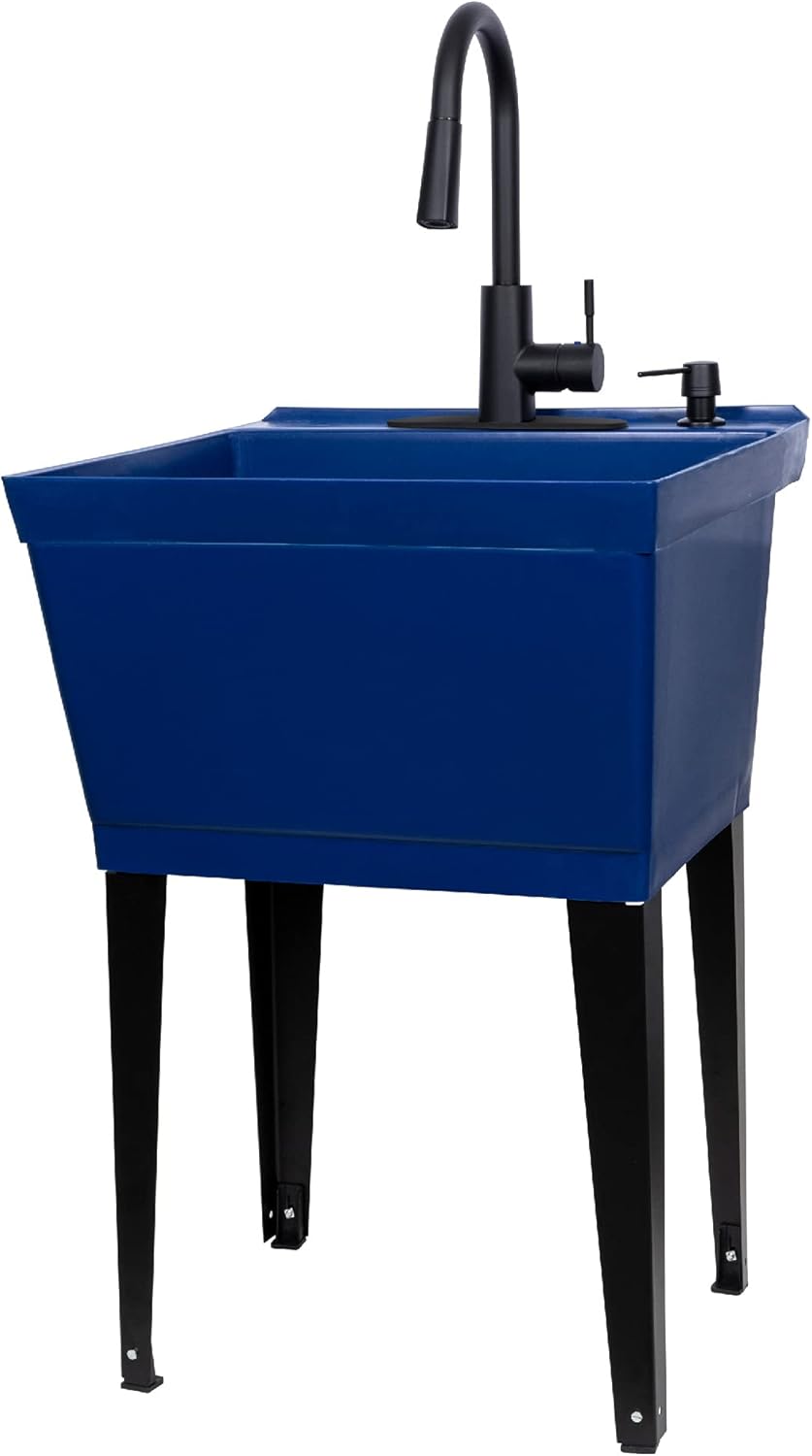 Blue Utility Sink with High Arc Faucet for Laundry Room Use