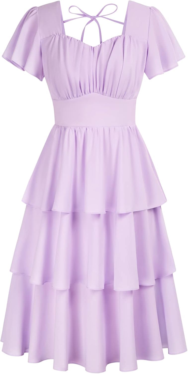 Belle Poque Women's Square Neck Tiered Ruffle Dress for Summer
