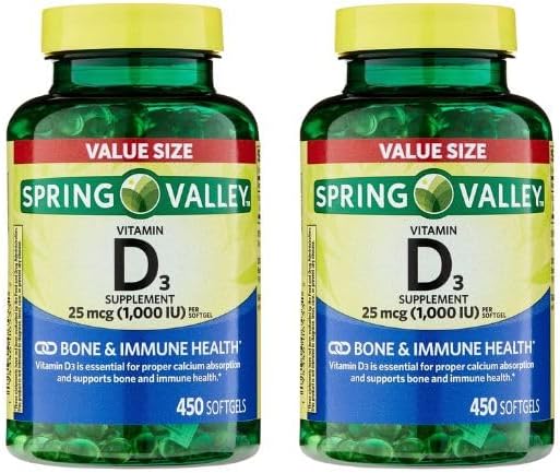 Spring Valley Vitamin D3 Softgels, 1000 IU, 450ct x2 - Strong Bones Support