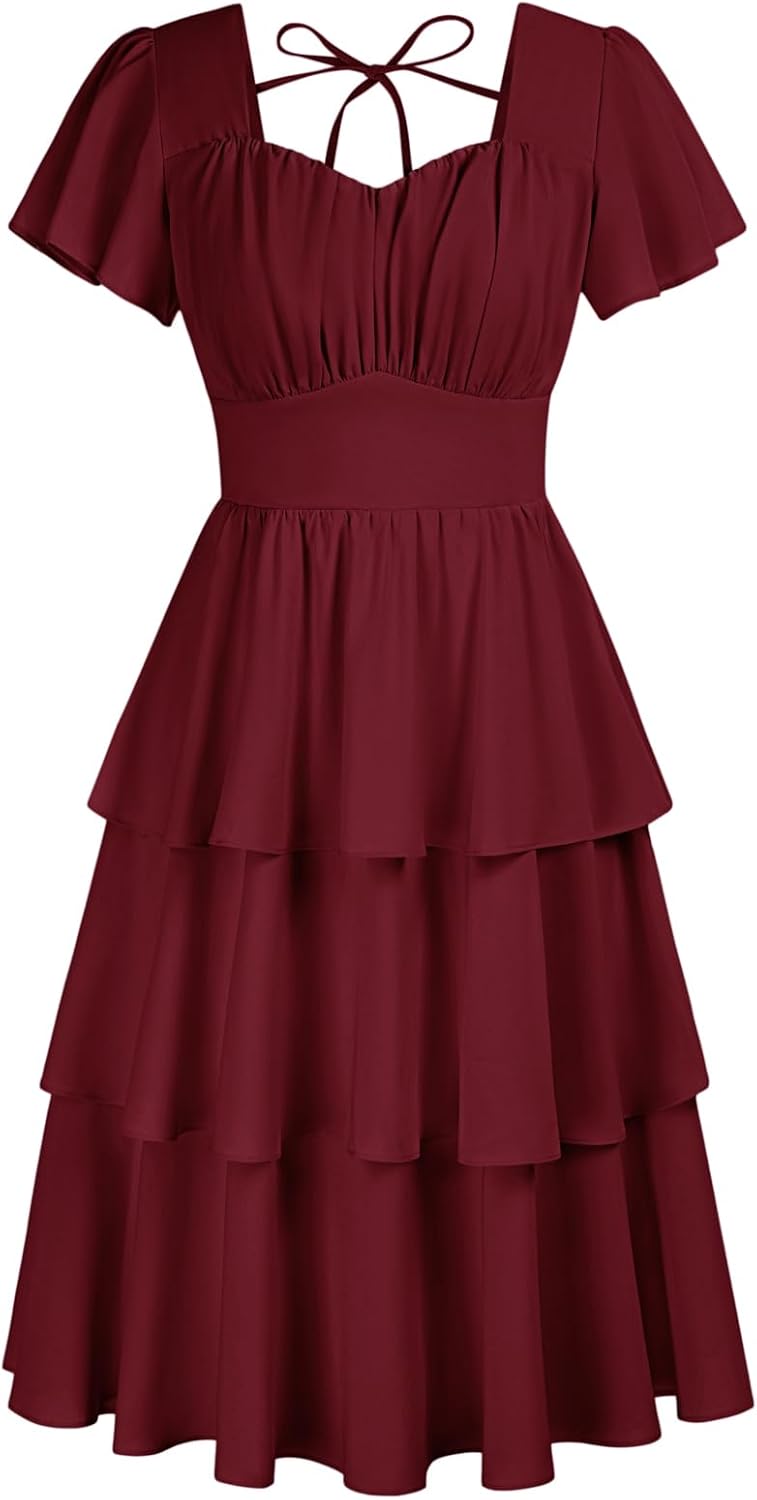 Belle Poque Women's Square Neck Tiered Ruffle Dress for Summer
