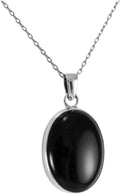 Solid Sterling Silver 925 Oval Black Onyx Pendant Necklace - Elegant