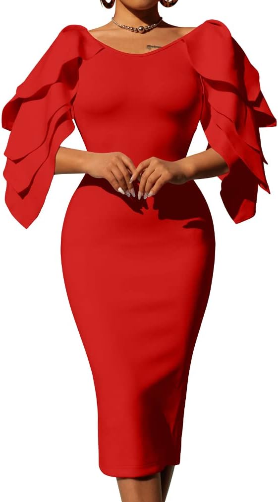 DAAWENXI Women's Elegant Ruffle Off The Shoulder Midi Dress