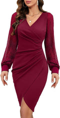 Women's Mesh Long Sleeve Bodycon Dress with V Neck by IHOT