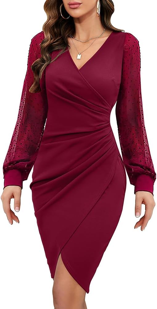 IHOT Women's Sexy V Neck Mesh Long Sleeve Bodycon Dress